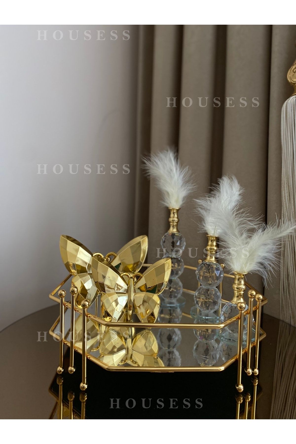 Housess Mirrored Honeycomb Gold Decorative Tray with Marbles 3