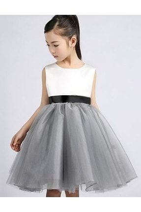 Kız Çocuk Ust Beyaz Etegı Grı Tül Sıyah Kemerli Tasarım Elbise 128875324