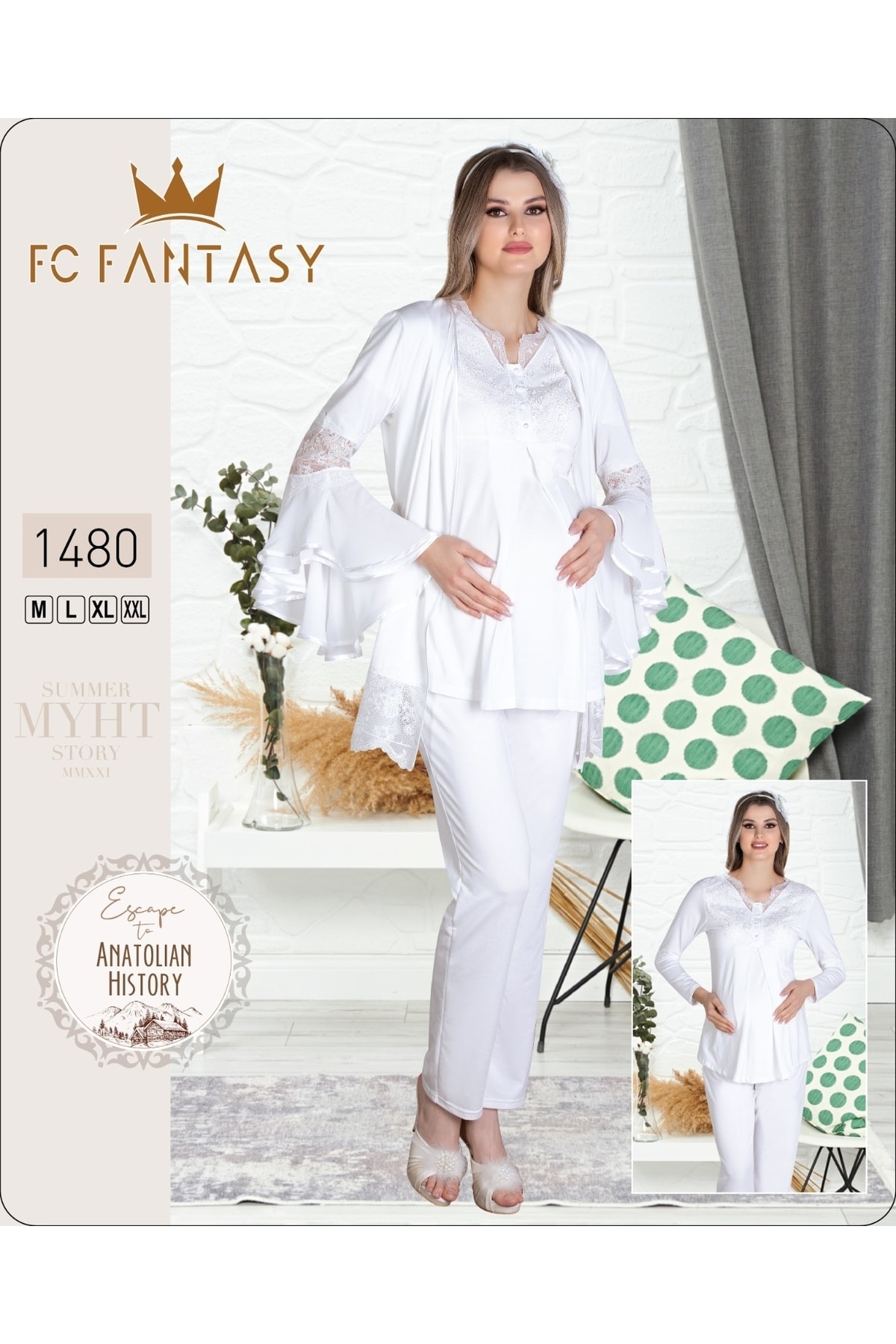 Fantasy Fc 1115 Irene Ekru Renk Kışlık Uzun Kol Sabahlıklı Lohusa Pijama Takımı
