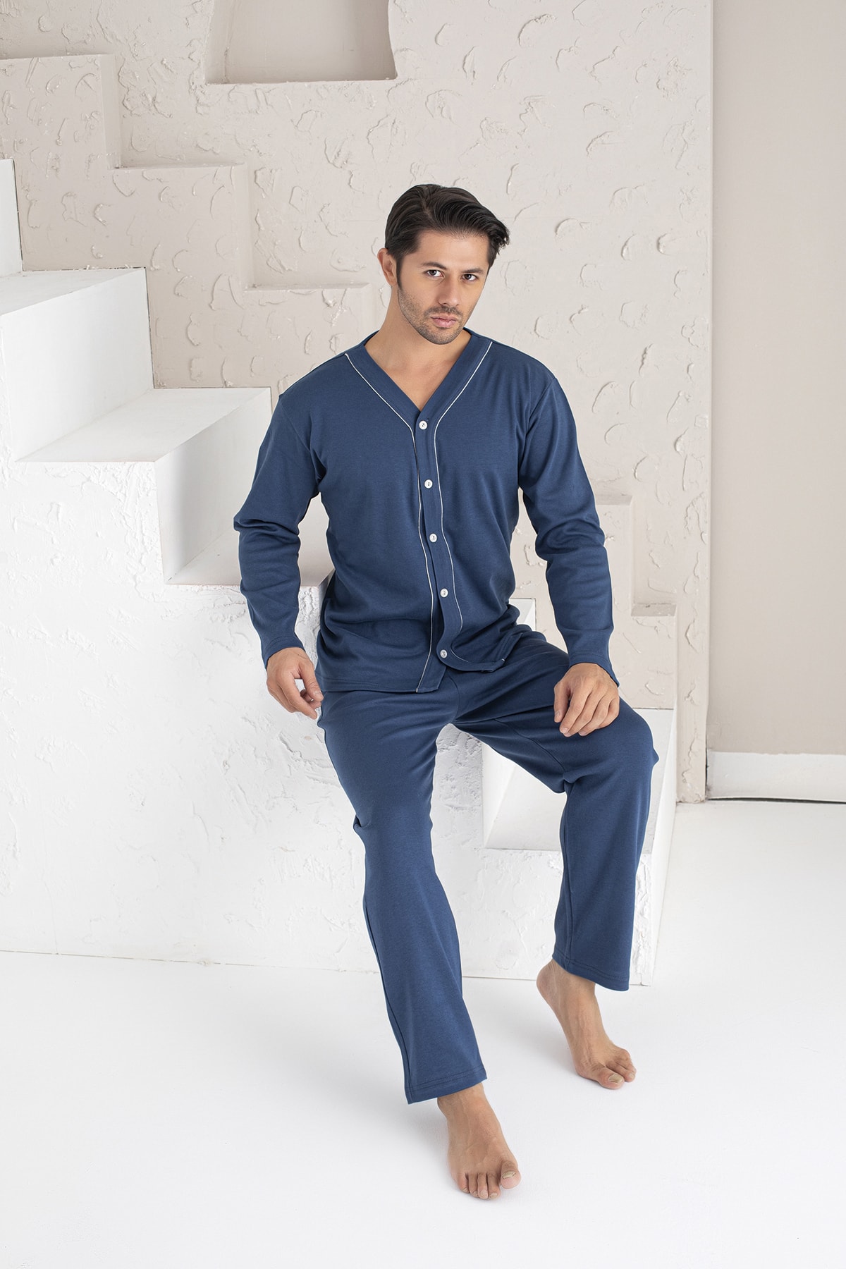 MİRELLA Erkek Mavi Önden Düğmeli Uzun Kollu Penye Kumaş Örme Pijama Takımı
