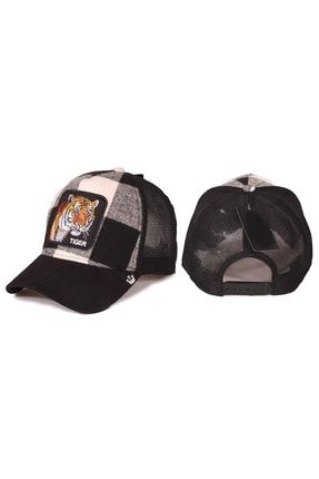 Kaplan Hayvan Desenli Ekoseli Şapka Özel Koleksiyon Siyah Beyaz KATR010