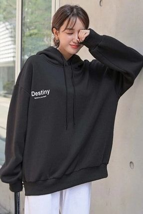 Unisex Siyah Destiny Baskılı Kapüşonlu Oversize Sweatshirt TYC00329867470