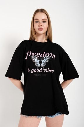 Kadın Siyah Good Vibes Baskılı Oversize T-shirt goodvibes1-TS