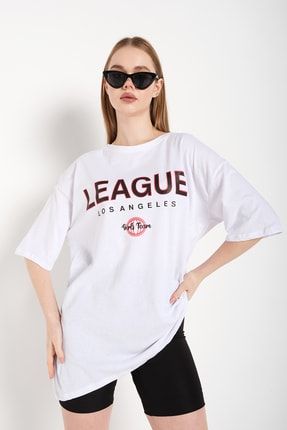 League Baskılı Beyaz Oversize Kadın Tshirt LBBGOBT-900-TS