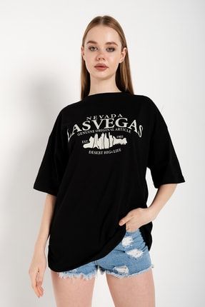 Kadın Siyah Las Vegas Baskılı Oversize T-shirt LSVG-03-TS