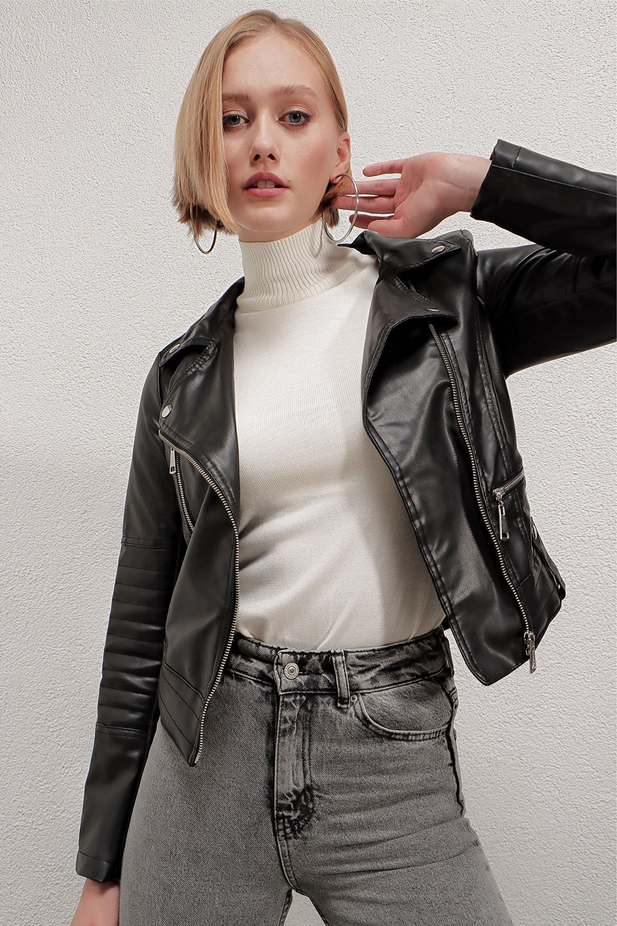 Short faux online leather jacket