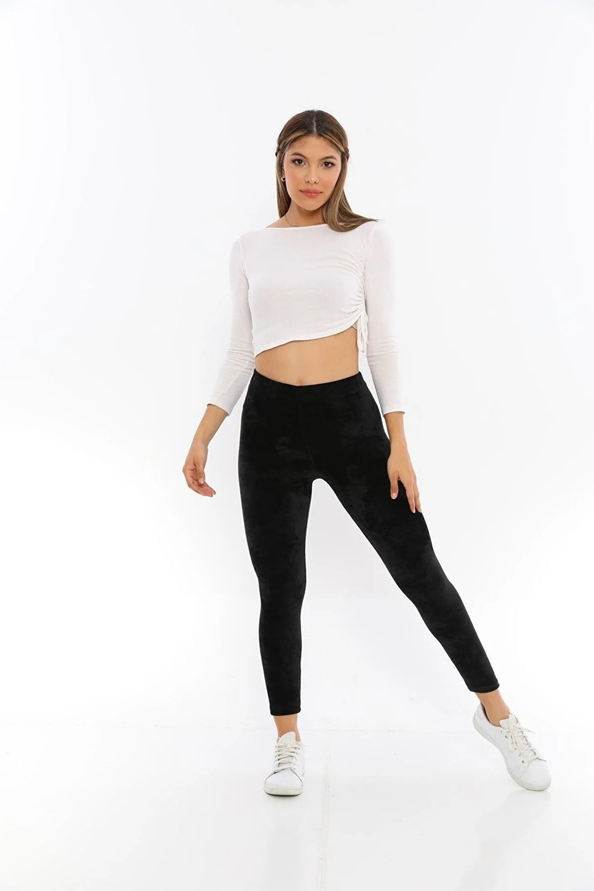 Swana Women S Black High Waist Velvet Leggings - Trendyol