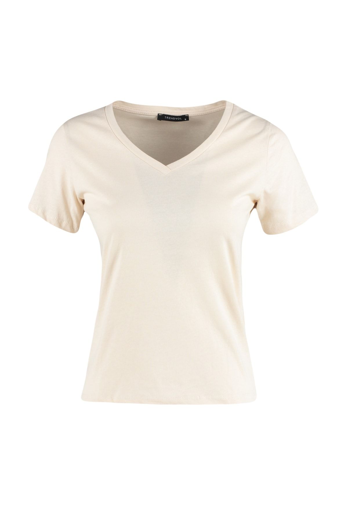 Trendyol Collection-Khaki-Beige, 100 % Baumwolle, 2er-Pack Basic-Strick-T-Shirts mit V-Ausschnitt TWOSS23TS00002 18