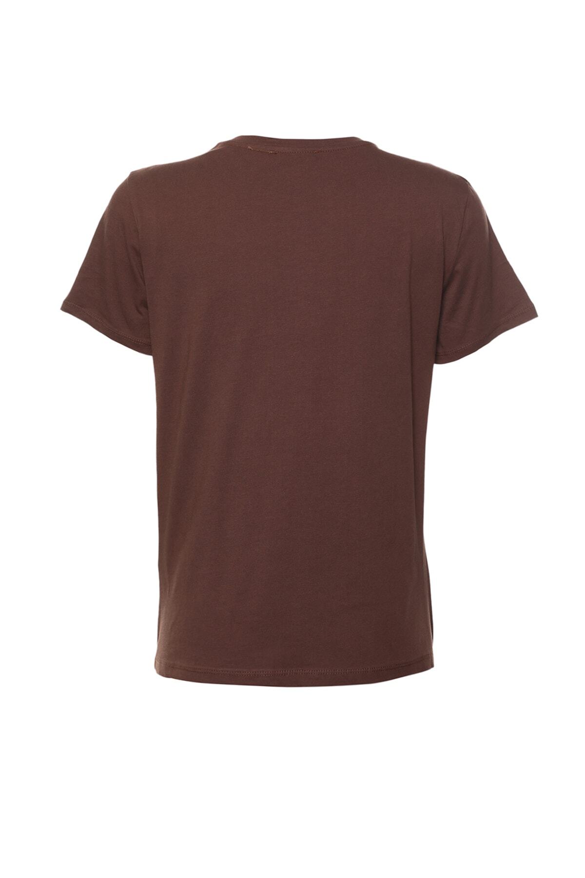 Trendyol Collection-Кафяво-бежова 100% памучна трикотажна тениска с кръгло деколте TWOSS20TS0141 19