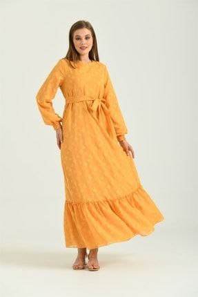 Kesme Şifon Elbise Sarı 30132