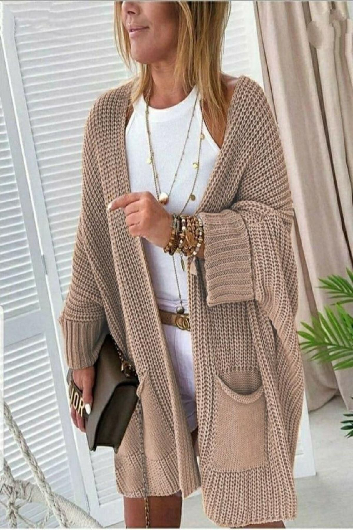 Devinka Oversize Pattern Коричневый женский трикотажный кардиган с длинными карманами DVKA-0299