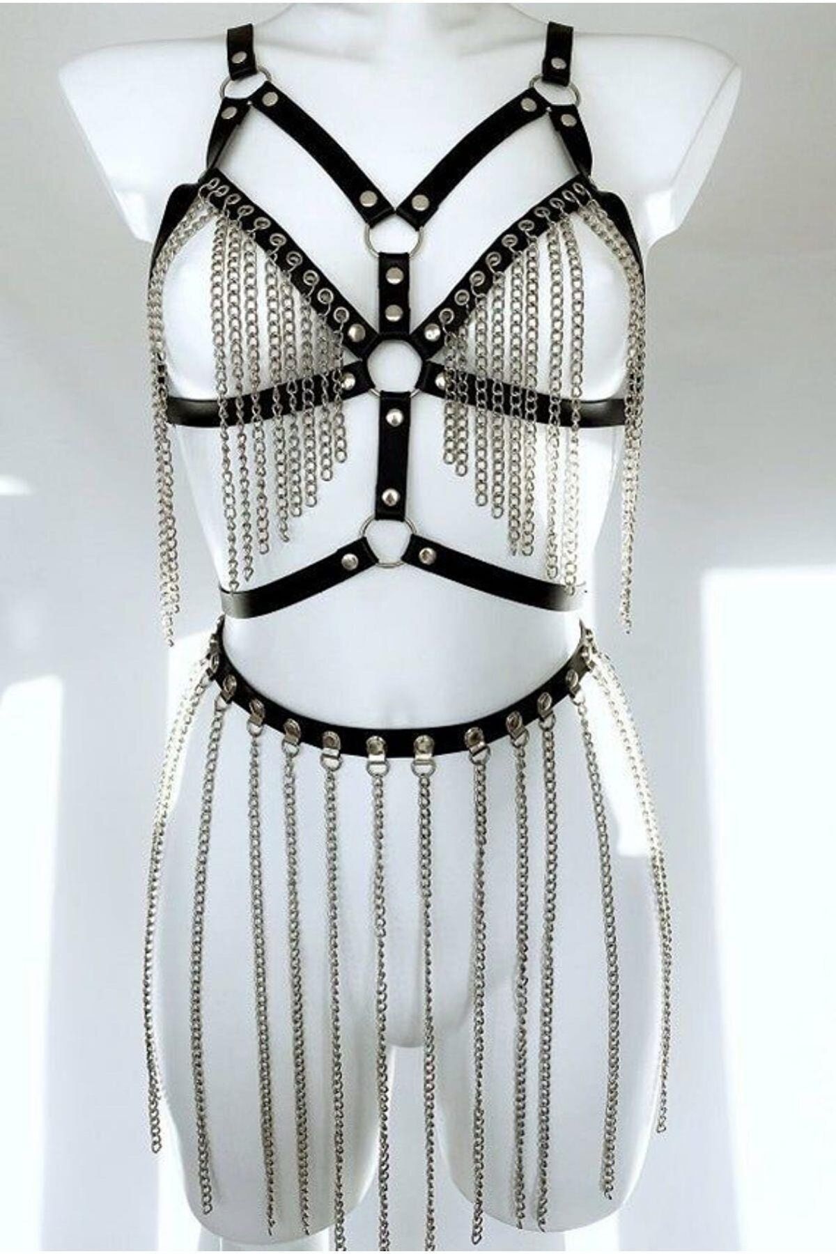 Aysilce Full Body Zincir Detaylı Süyen, Eteği Zincirli Fantazi Harness Set