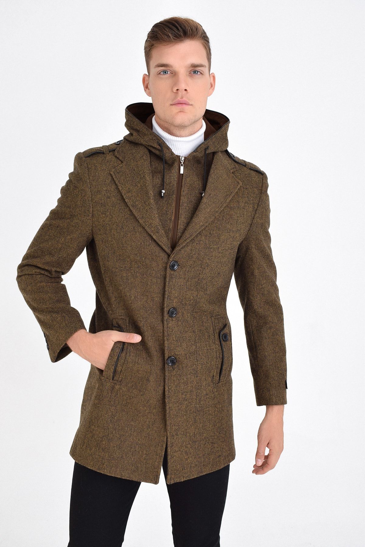 DYNAMO-Men's Tan Wool Blended Patterned Cashmere Hooded Zippered Front and Buttoned Coat 2