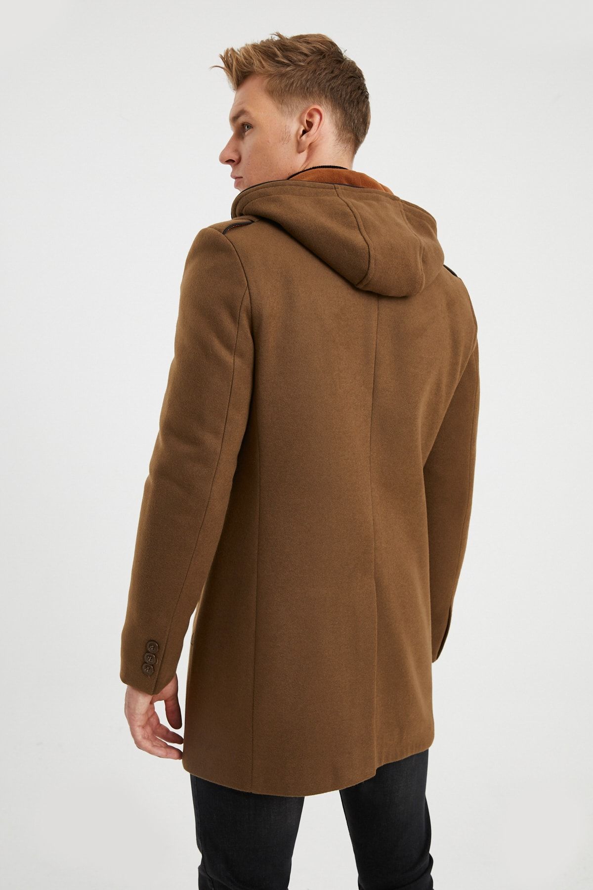 DYNAMO-Men's Soil Wool Blend Spoon Hooded Front Zippered and Buttoned Coat 5