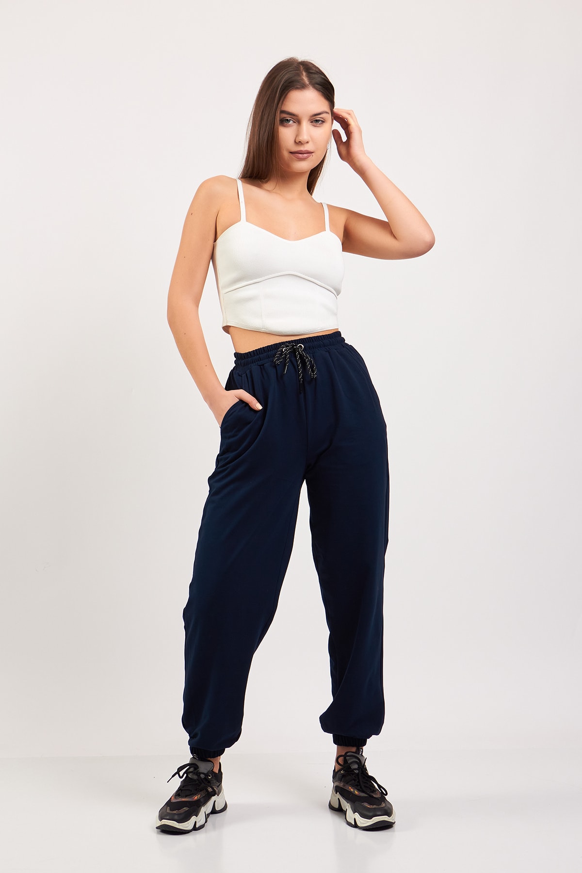 Lacivert Oversize Bel Ve Paça Lastikli Eşofman Altı