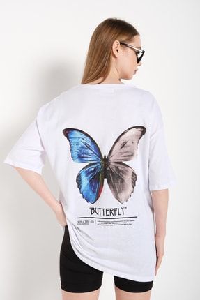 Kadın Beyaz Butterfly Ön Arka Baskılı Oversize T-shirt BBTF-30-TS