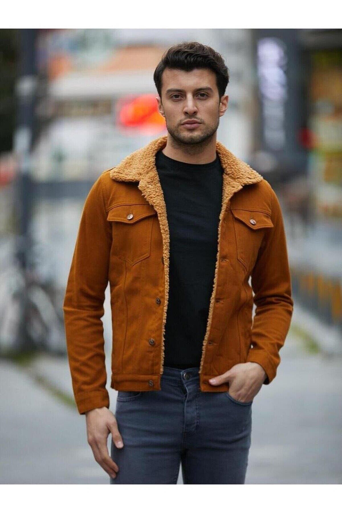Tan denim shop jacket with fur