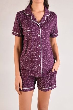 Mor Kadın Şortlu Pijama Takımı Kısa Kollu Düğmeli Cepli Pamuk 80926
