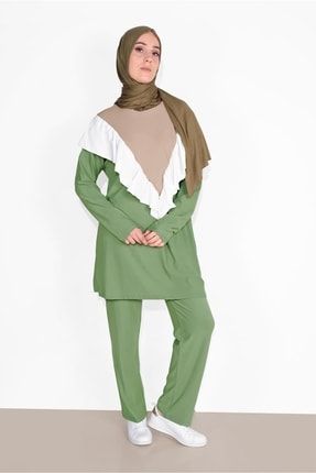 Kadın Yeşil (Y.YEŞİL) 3 Renkli Fırfır Detaylı 2′li Pantolonlu Takım 7716 20YTKPTR7716