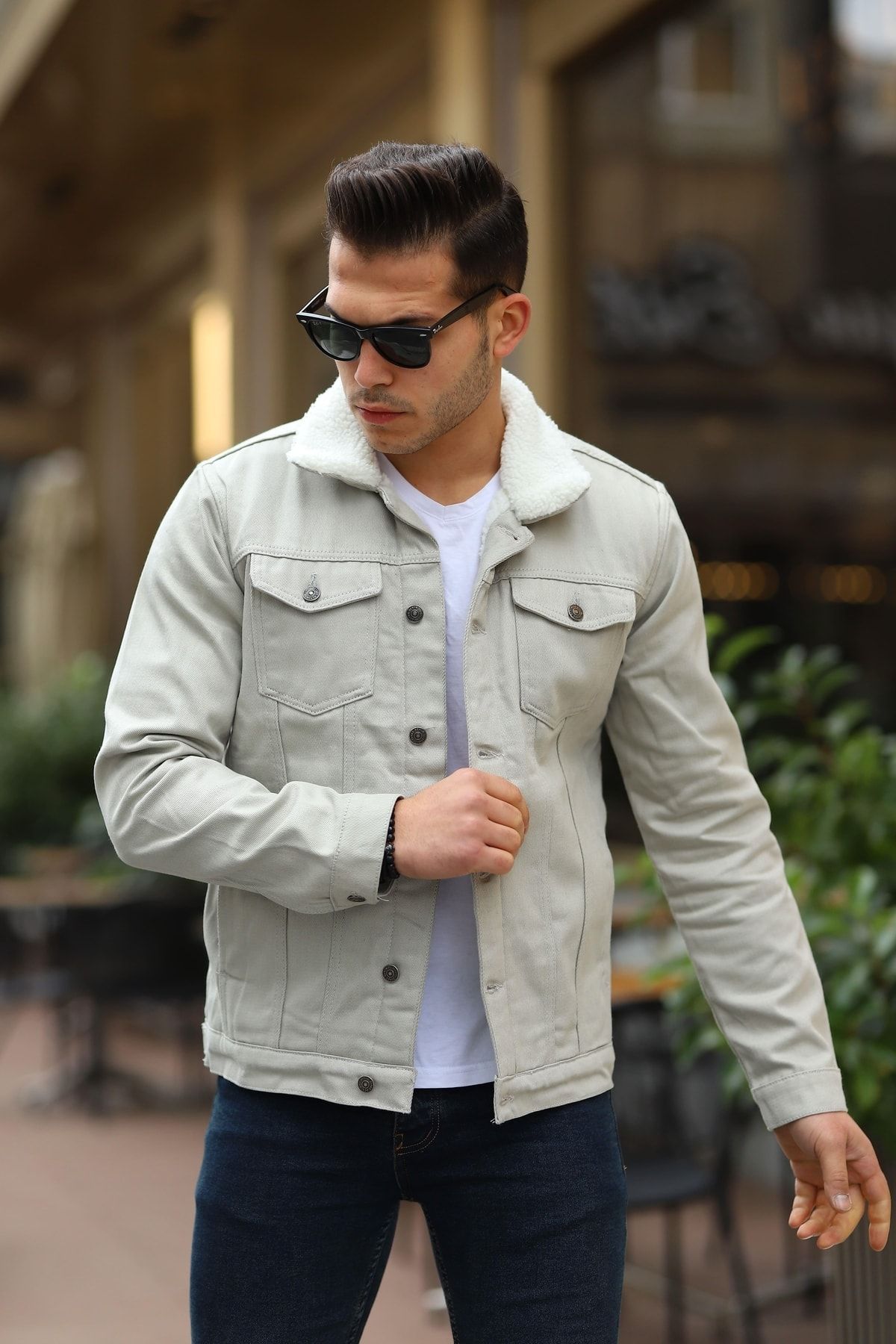 Denim coat with fur mens shop