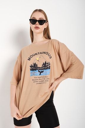 Kadın Oversize Vizon Mountainous Baskılı T-shirt TS-mountainous