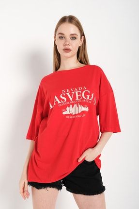 Kadın Kırmızı Oversize Las Vegas Baskılı T-shirt LSVG-03-TS