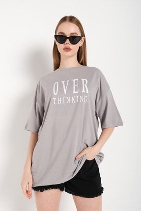 Kadın Boyamalı Gri Over Thinking Baskılı Oversize T-shirt TS-OVERTHİNK