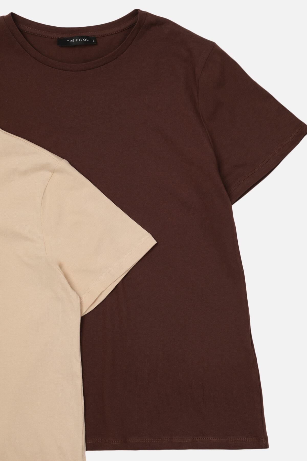 Trendyol Collection-Кафяво-бежова 100% памучна трикотажна тениска с кръгло деколте TWOSS20TS0141 18