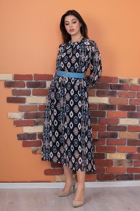 Kadın Kemerli Yaka Detaylı Desenli Uzun Şifon Elbise Ry0032 RY0032