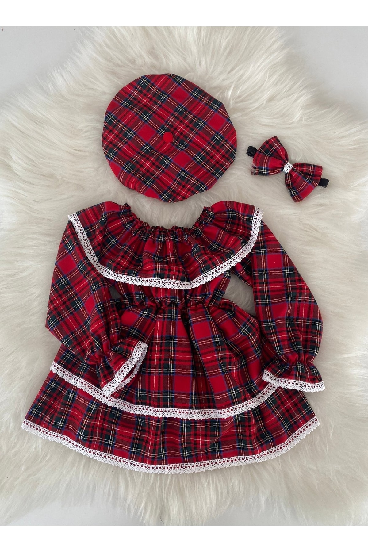 Moda Lina Baby Kırmızı Ekose Desenli Fırfırlı Elbise Şapka Bandana Takım fotoğrafı 3 (önizleme)