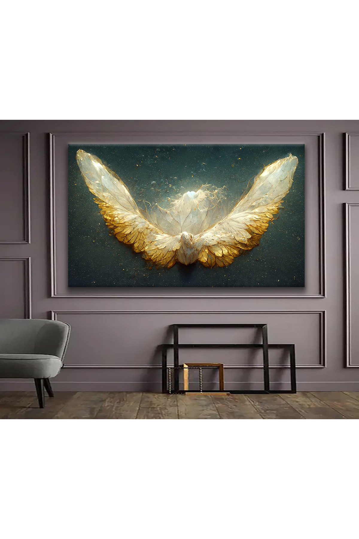Shop365 Dekoratif Sürrealist Tasarım Altın Kanatlı Beyaz Güvercin Kanvas Tablo