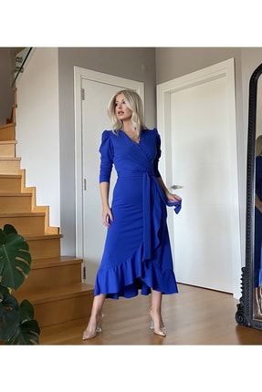 kadın Mavi, Krep Kumaş Midi Boy Kuşaklı Uzun Kol Elbise (Mavi) RS-26058-S