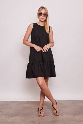 Kadın Siyah Renk Iç Göstermez Viskon Poplin Geniş Sıfır Yaka Kolsuz Eteği Fırfırlı Yazlık Elbise 50095
