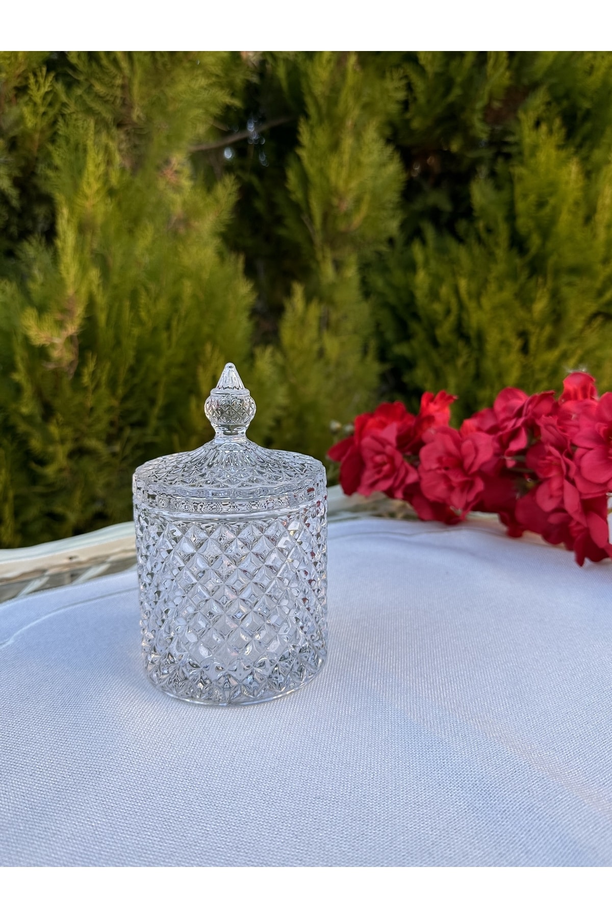 MY1COMPANY Kesme Kapaklı Mini Boy Baklava Desenli Cam Şekerlik, Mumluk, Pamukluk 11 Cm