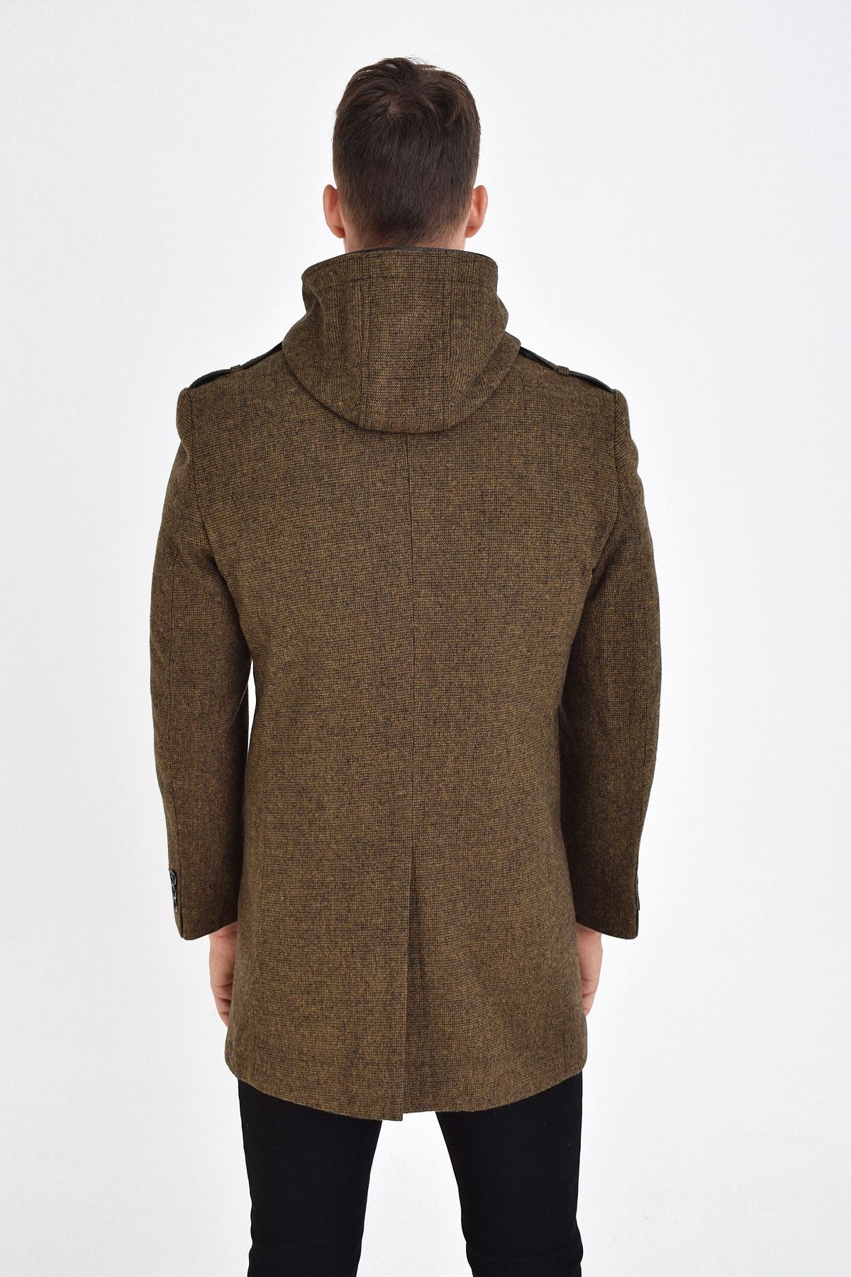DYNAMO-Men's Tan Wool Blended Patterned Cashmere Hooded Zippered Front and Buttoned Coat 4