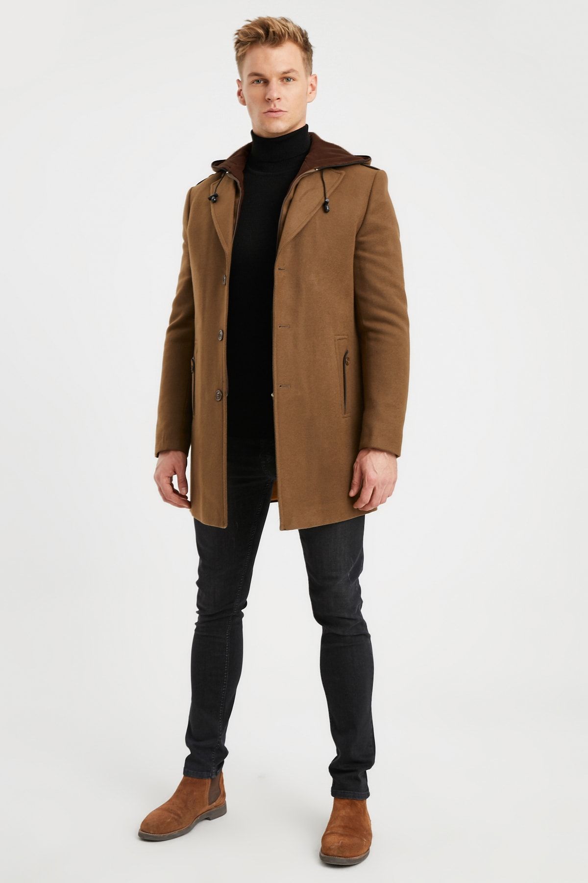 DYNAMO-Men's Soil Wool Blend Spoon Hooded Front Zippered and Buttoned Coat 4
