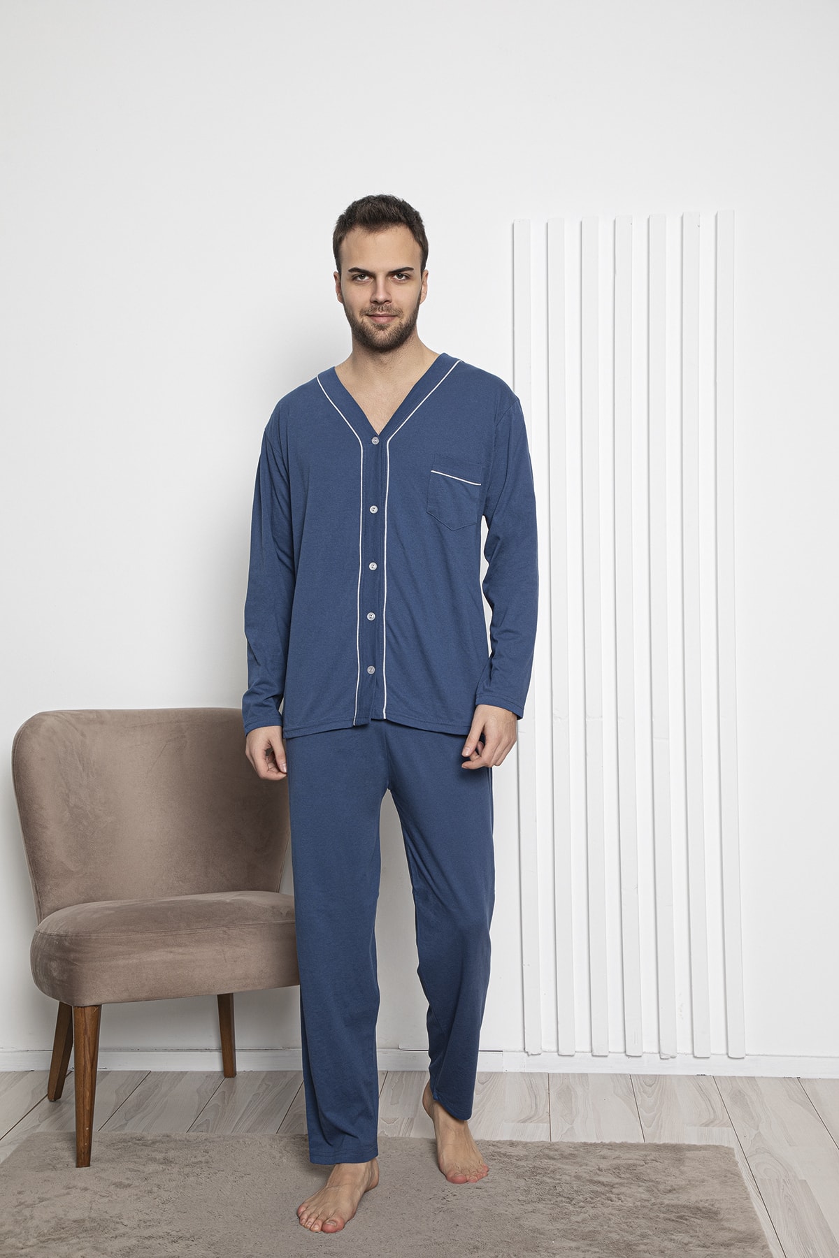 MİRELLA Erkek Mavi Önden Düğmeli Uzun Kollu Penye Kumaş Örme Pijama Takımı ZR10154