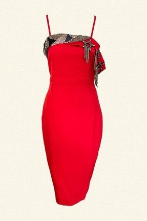 Kadın Kırmızı Yıldız Püsküllü Kristal Işlemeli Elbise YPKİKE