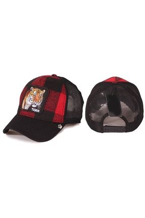 Kaplan Hayvan Desenli Ekoseli Şapka Özel Koleksiyon Siyah Kırmızı KATR010