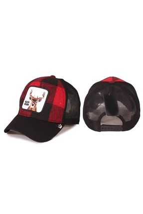Geyik Hayvan Desenli Ekoseli Şapka Özel Koleksiyon Siyah Kırmızı KATR008