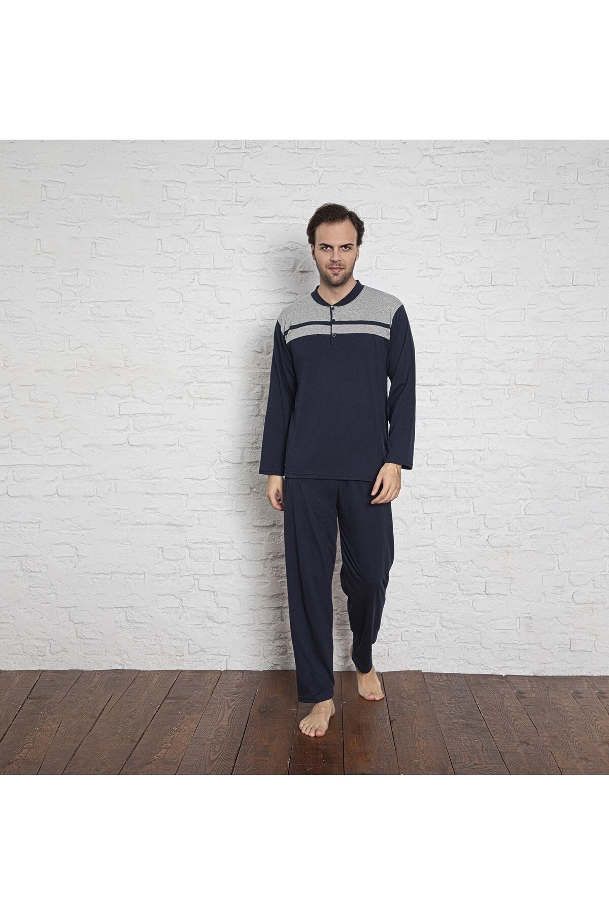 MİRELLA Erkek Lacivert-gri Parçalı Uzun Kollu Düğmeli Penye Kumaş Pijama Takımı