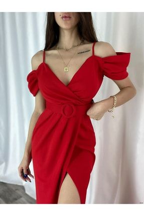 Kadın Kırmızı , Omuz Detaylı Kemerli Önden Yırtmaç Detaylı Ithal Krep Kumaş Abiye Elbise MKY-39144-S