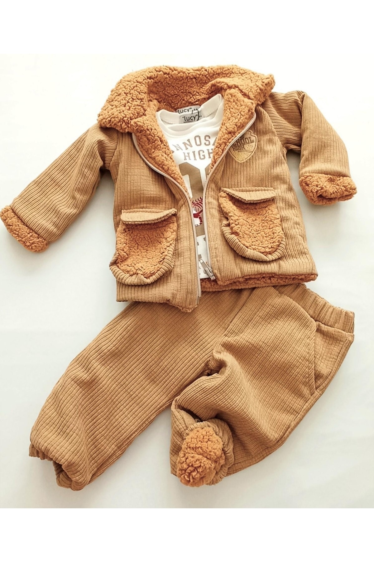 Lucy baby Kadife Kürklü Erkek Bebek 3'lü Kışlık Takım-içi Kürklü,fermuarlı Mont Ceket,body- Içi Kürkü Pantolon