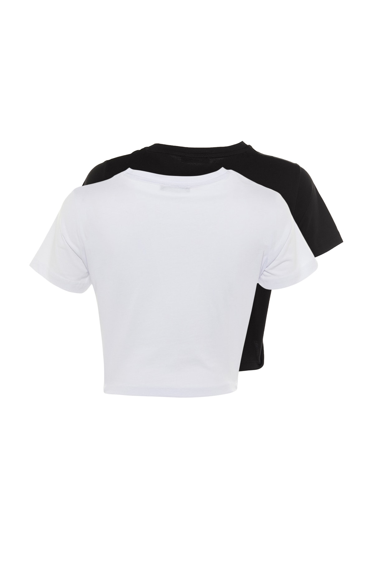 Trendyolmilla  Siyah-Beyaz 2'li Paket %100 Pamuk Crop Bisiklet Yaka Örme T-Shirt TWOSS20TS1480 - Görsel 8