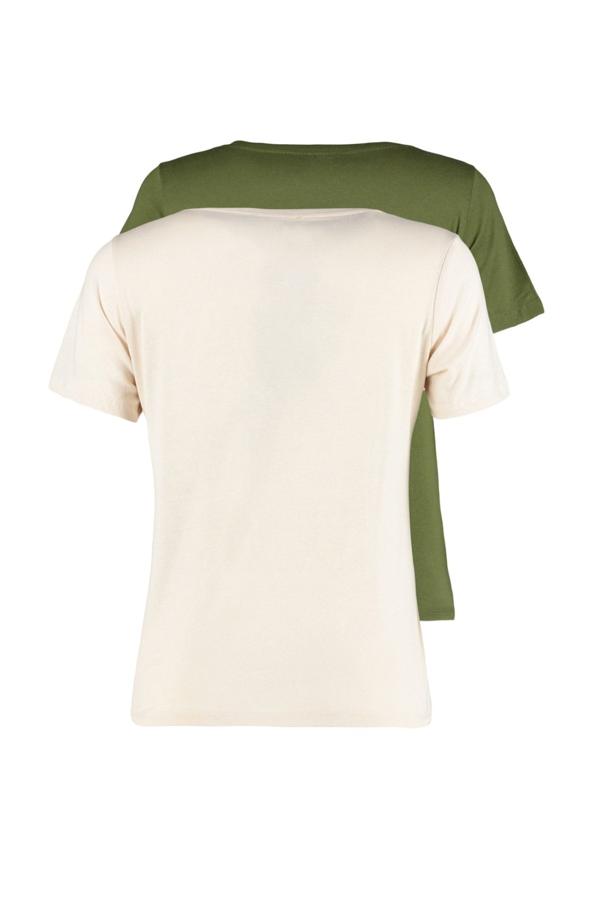 Trendyol Collection-Khaki-Beige, 100 % Baumwolle, 2er-Pack Basic-Strick-T-Shirts mit V-Ausschnitt TWOSS23TS00002 20