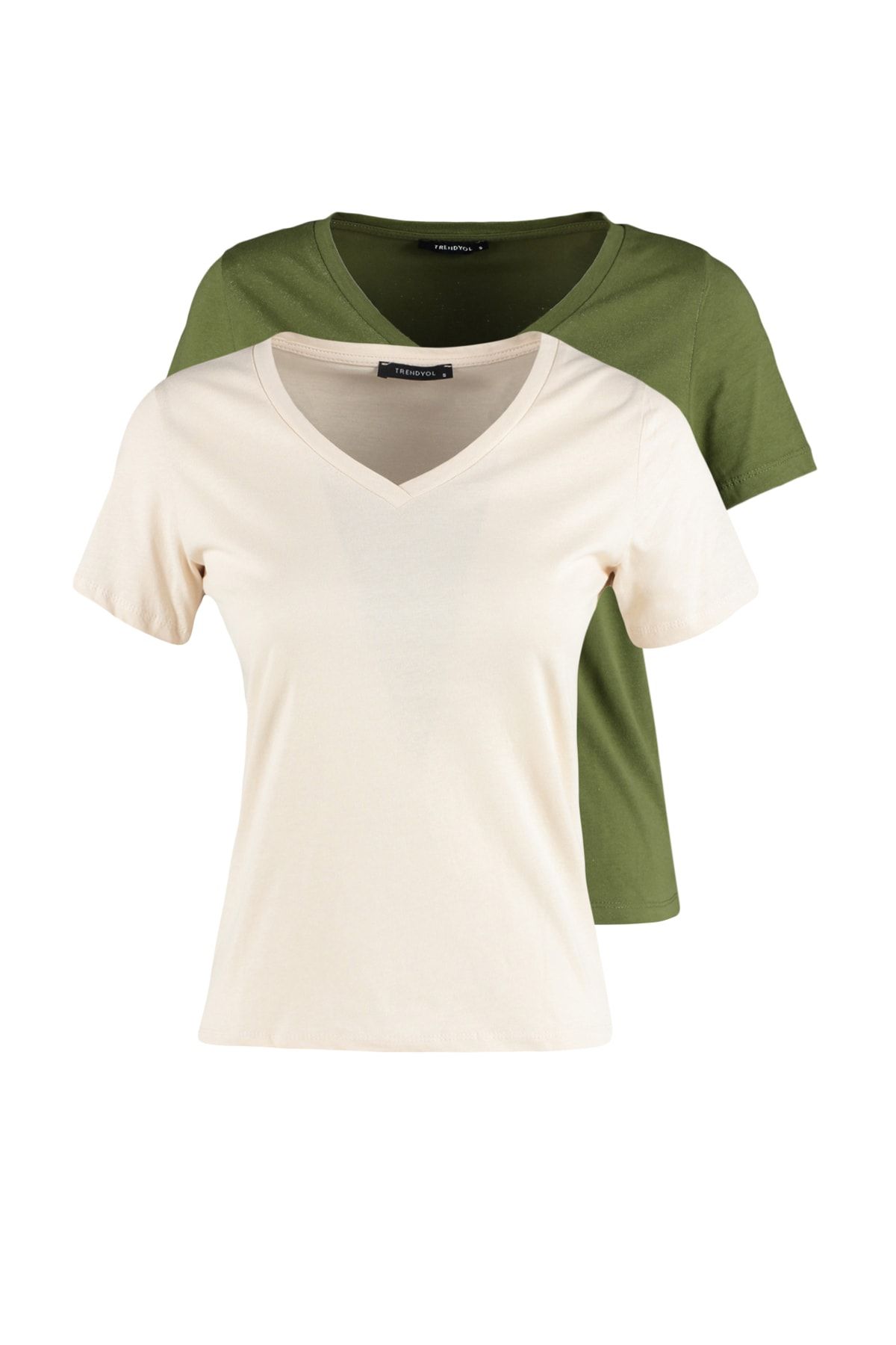 Trendyol Collection-Khaki-Beige, 100 % Baumwolle, 2er-Pack Basic-Strick-T-Shirts mit V-Ausschnitt TWOSS23TS00002 15