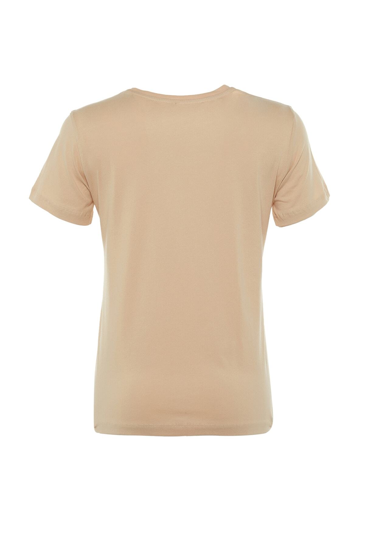 Trendyol Collection-Кафяво-бежова 100% памучна трикотажна тениска с кръгло деколте TWOSS20TS0141 20