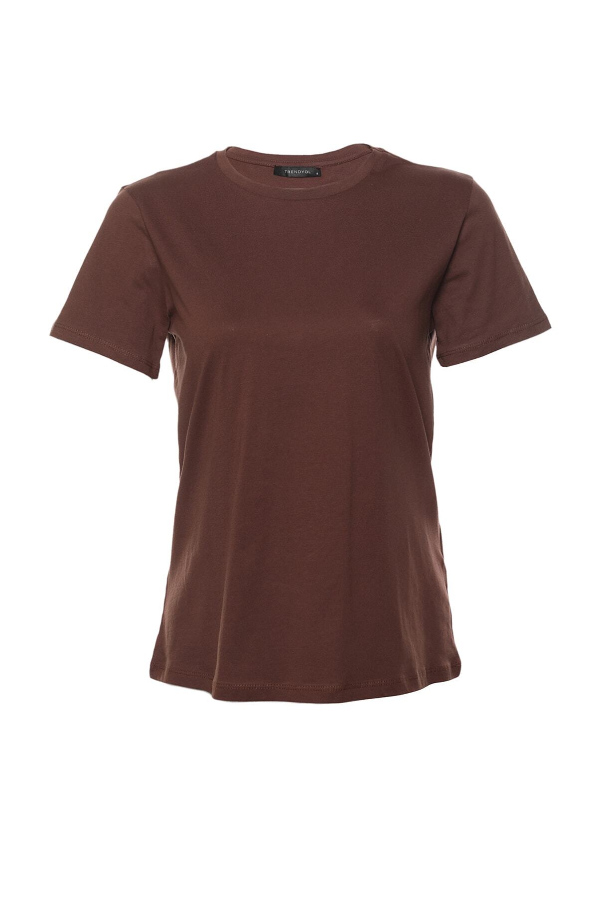 Trendyol Collection-Кафяво-бежова 100% памучна трикотажна тениска с кръгло деколте TWOSS20TS0141 14