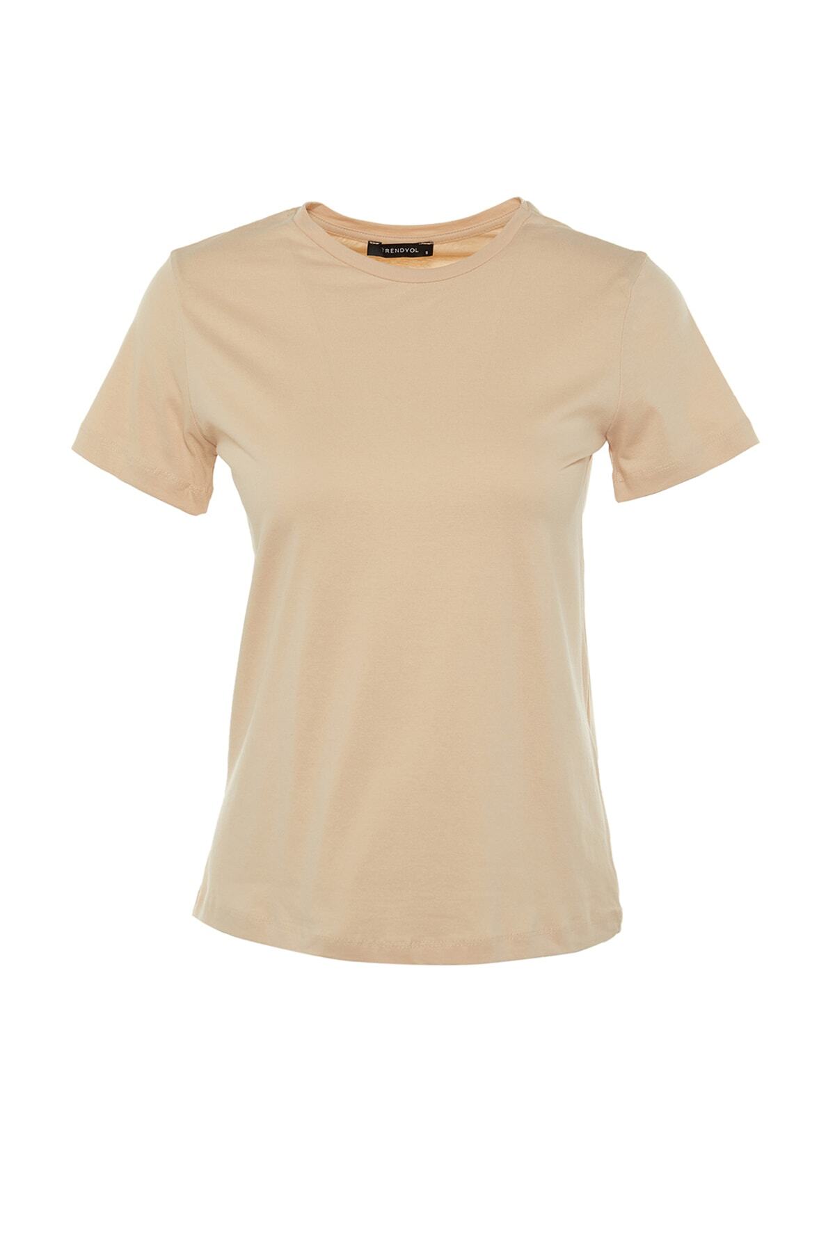 Trendyol Collection-Кафяво-бежова 100% памучна трикотажна тениска с кръгло деколте TWOSS20TS0141 15