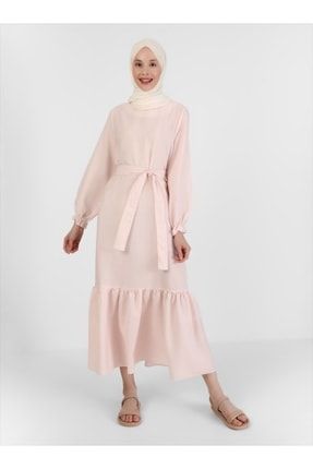 Kuşak Detaylı Çizgili Tesettür Elbise - Soft Pembe - 8160115